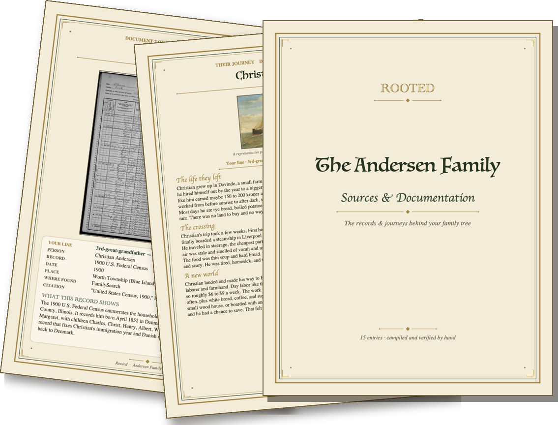 The Documented Sources book — its cover, a record page, and a life-story page